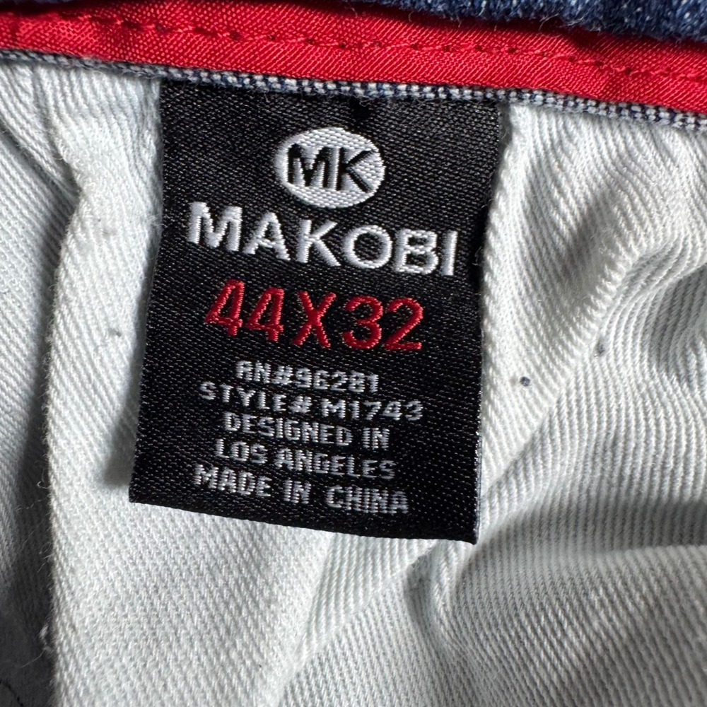 Makobi Biker Jeans Mens 44x32 Blue Acid Wash Distressed Side Stripe M1743 Moto - Picture 7 of 11